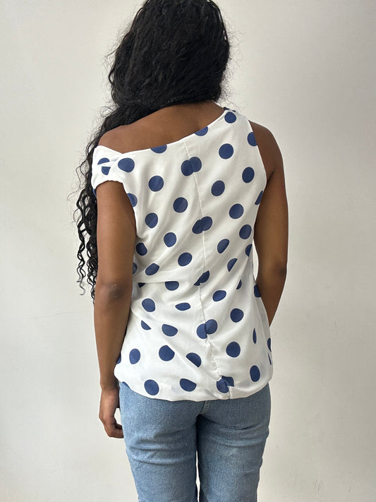 vintage edit twenty-five | Cowl branco médio pescoço vestido feminino com azul polka do padrão