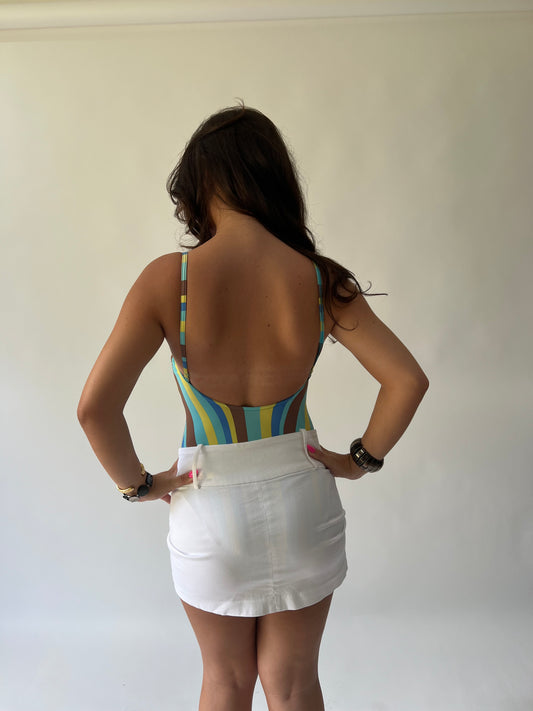 SATC drop | taille: S · couleur: bleu + jaune · article: maillot de bain · détails: rayé