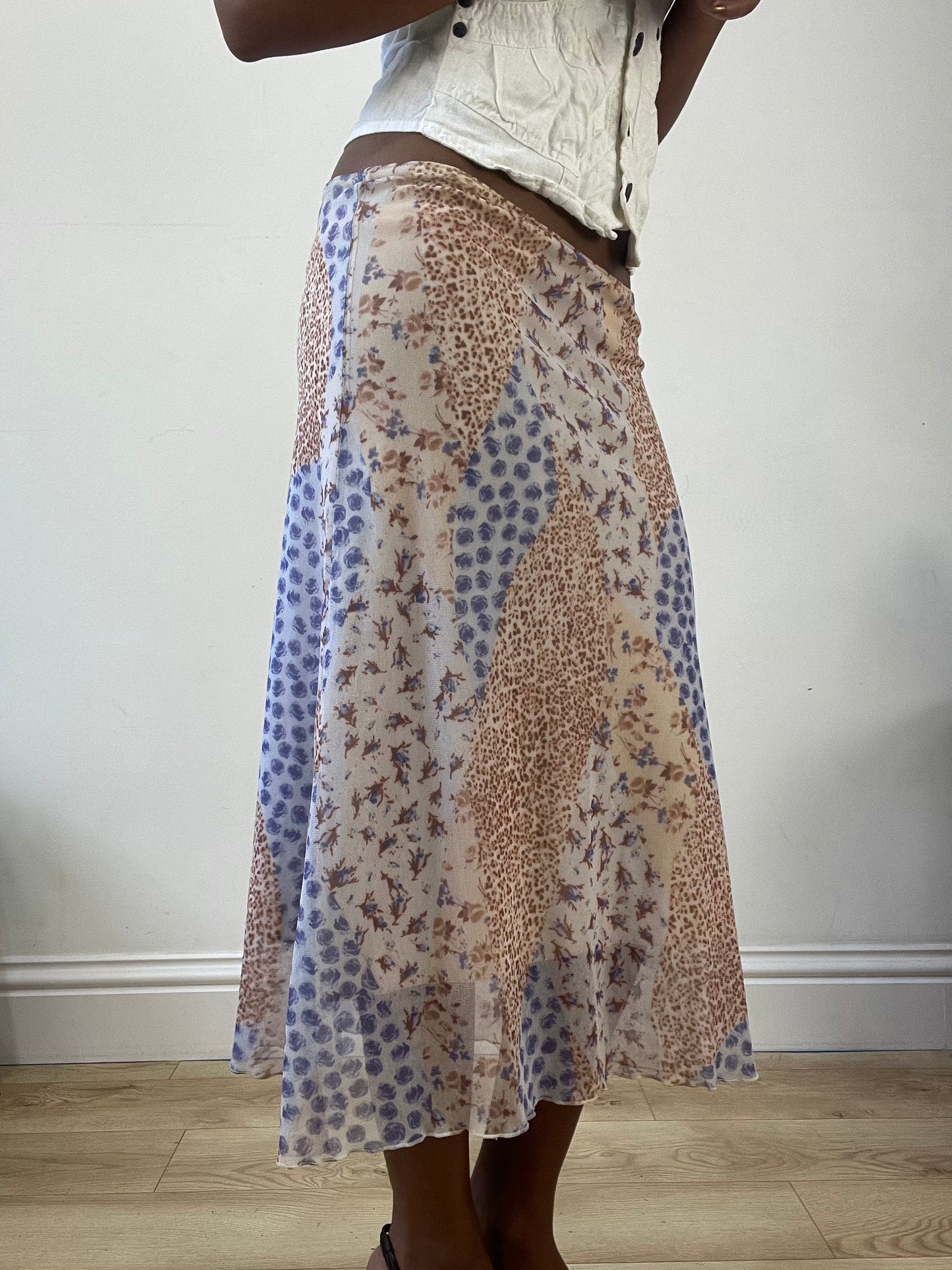 BEST PICKS | small blue and tan midi skirt with floral print