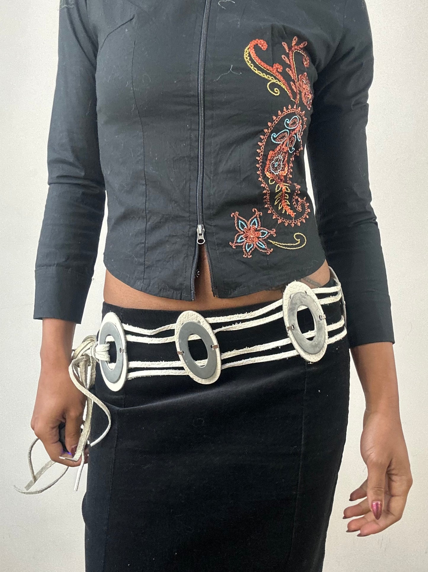 winter edit | white faux leather silver circle tie up belt