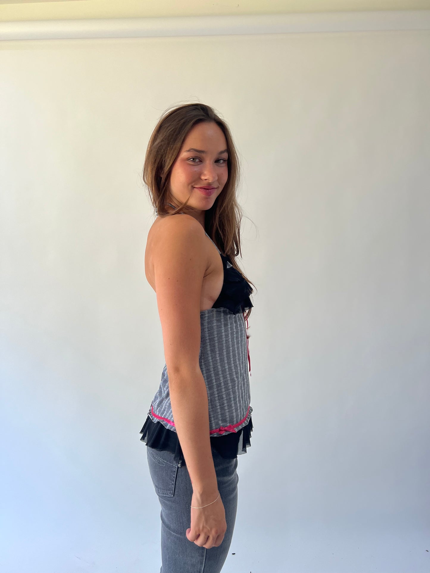 back to school drop | small black plaid top with pink ribbon detail