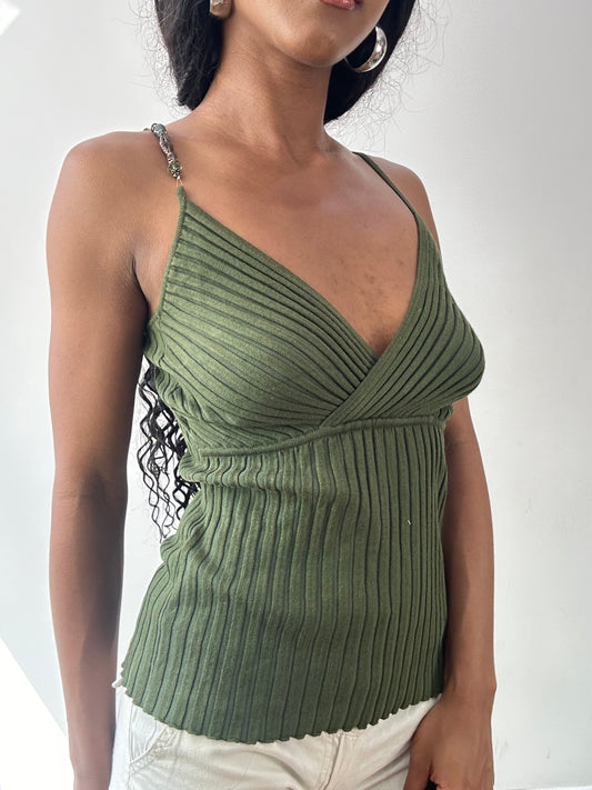 vintage edit twenty-five | medium green knit cami top with beading strap detail