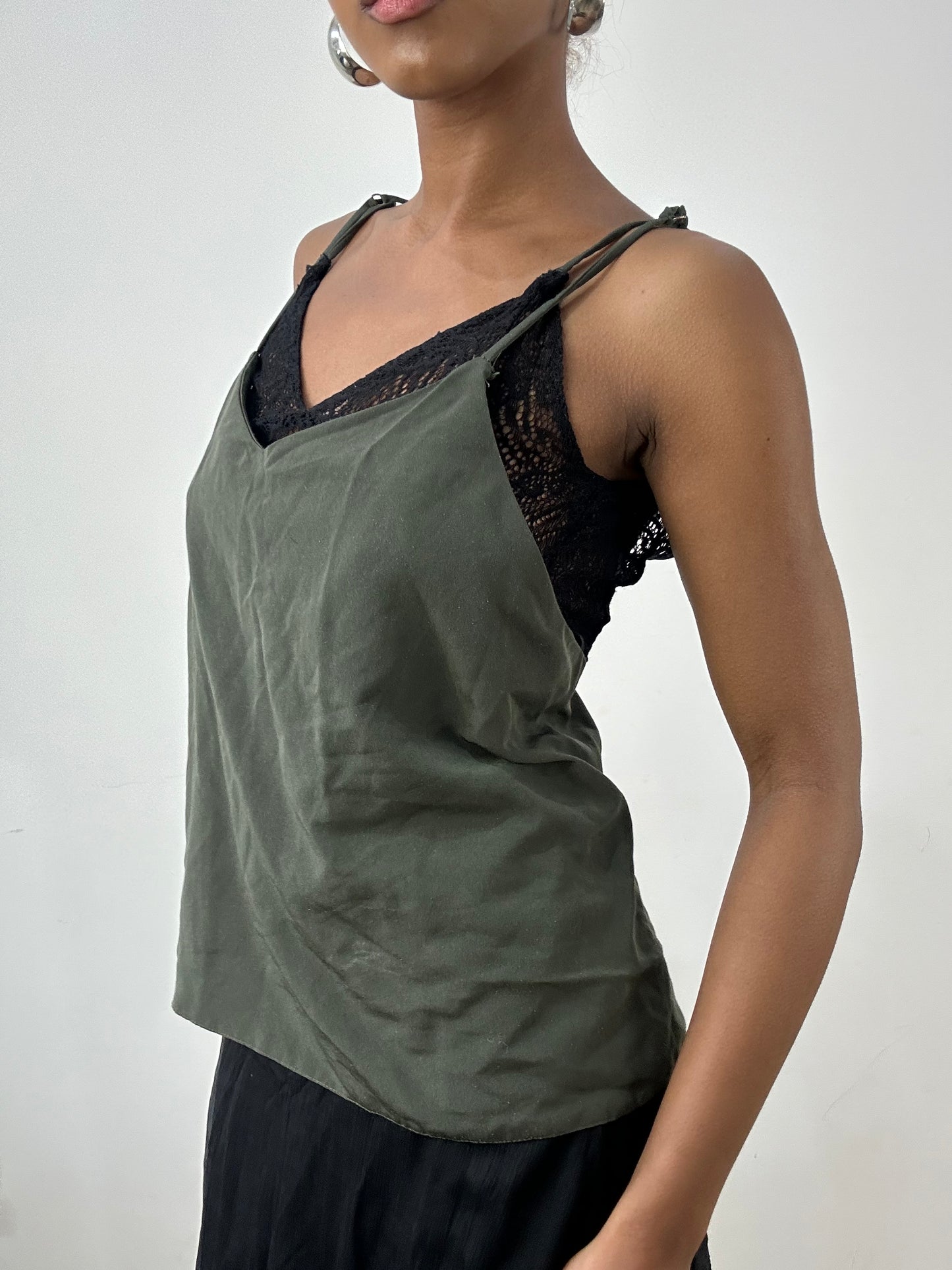 vintage edit: indie sleaze | small green layered cami top with built in underlay