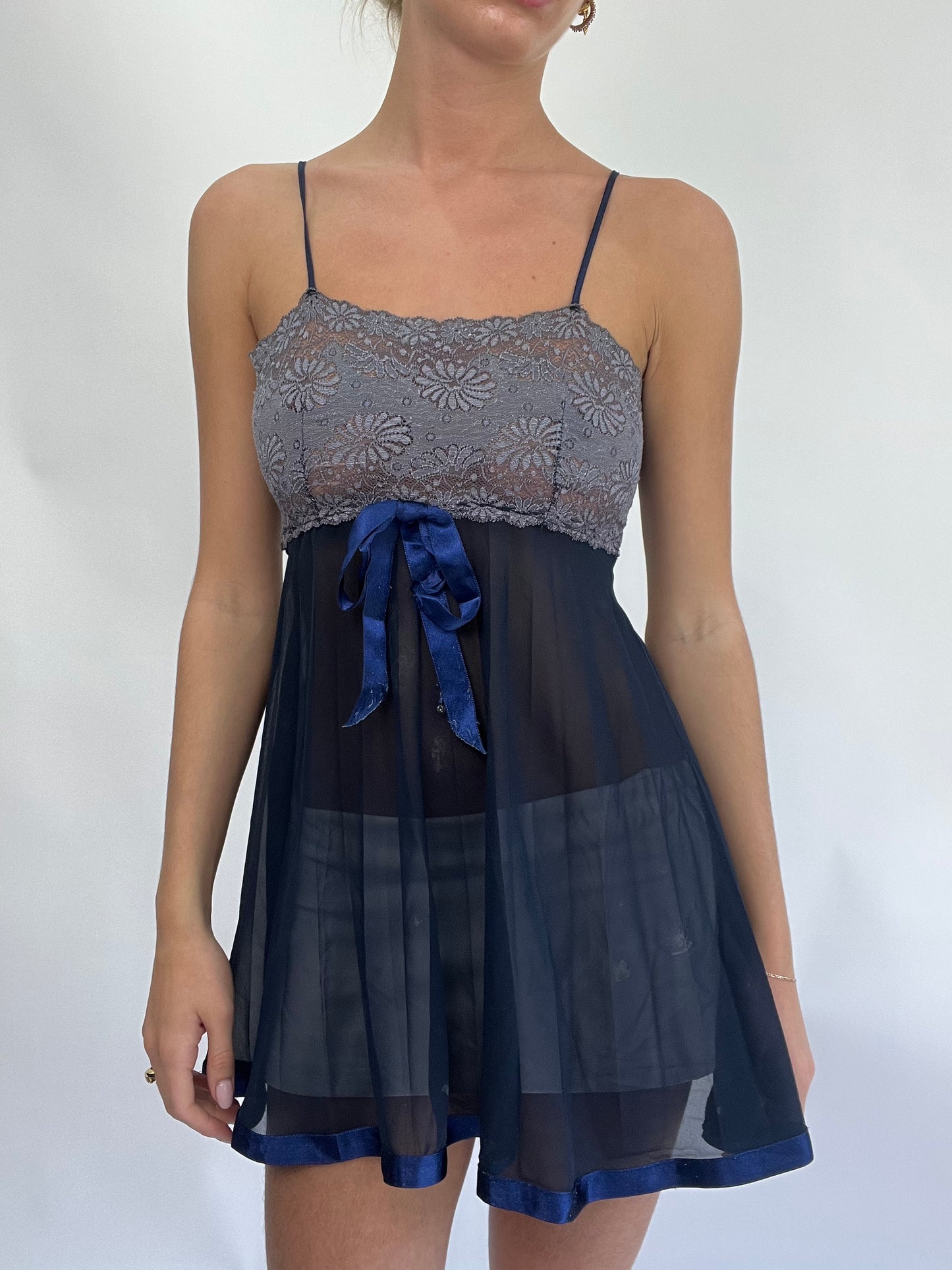COASTAL COWGIRL DROP |small navy sheer slip dress with grey lace top and navy ribbon