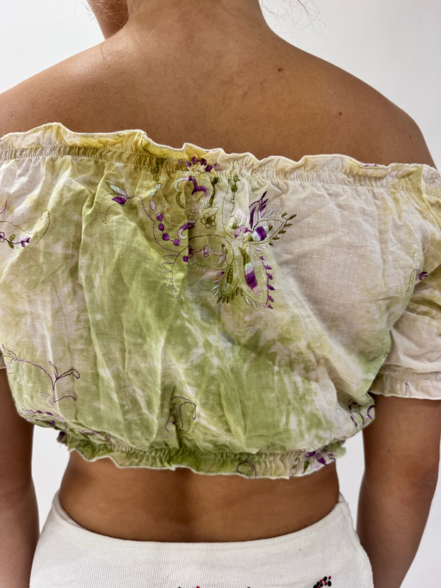 french summer drop | small green and white off the shoulder top