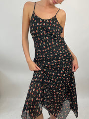 💻ADDISON RAE DROP | small black floral dress with asymmetric hem