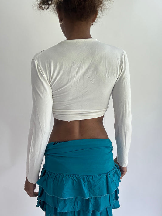 olivia rodrigo drop | small white tie up cropped long sleeve top