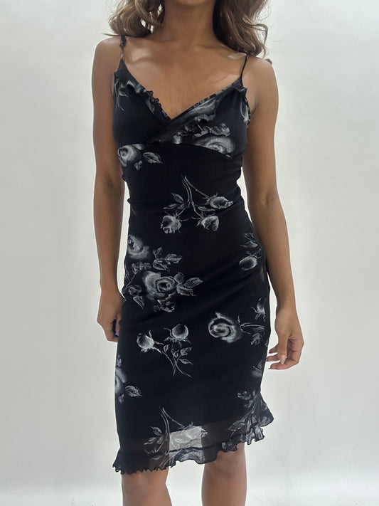 wedding guest drop | small black floral mesh overlay midi dress