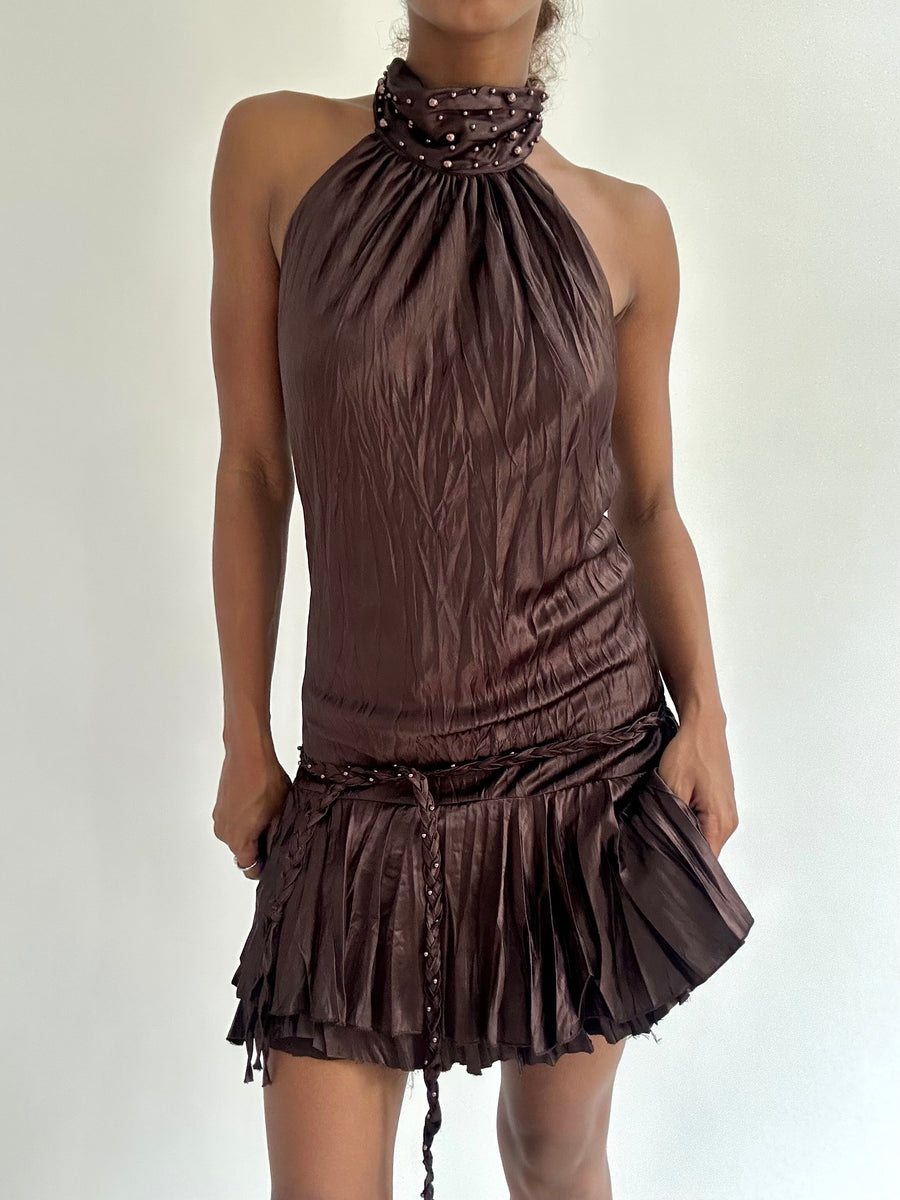 BEST PICKS | small brown pleated halterneck mini dress