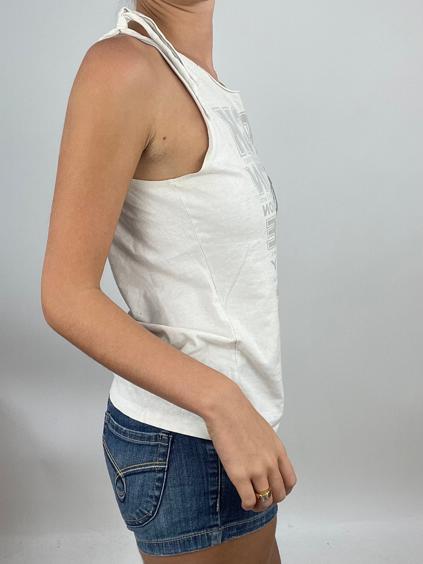 ADDISON RAE DROP | medium white graphic tank top with tie straps