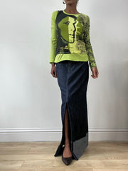 LFW edit | Pequeno azul denim maxi costume com detalhes de pedaço