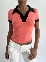 olivia rodrigo drop | taille: XS · couleur: rose + noir · article: haut · détails: manches courtes
