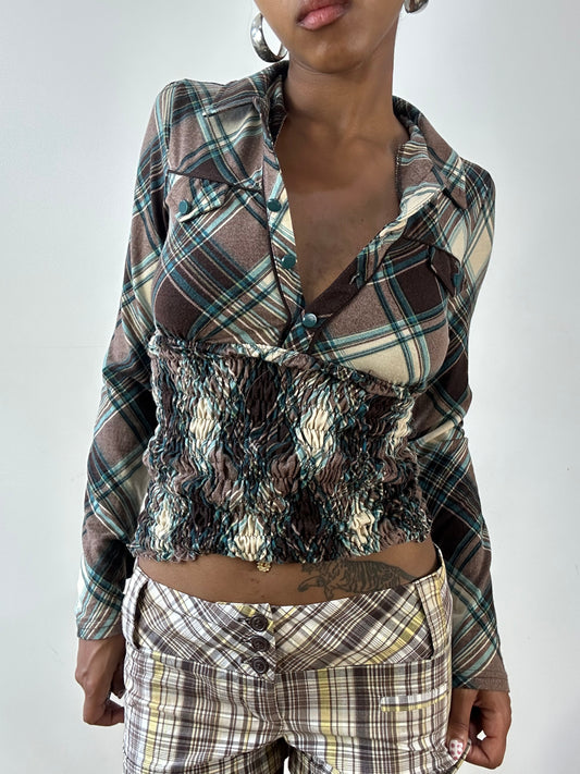vintage edit twenty-seven | brown and white plaid collared long sleeve top with ruched waist