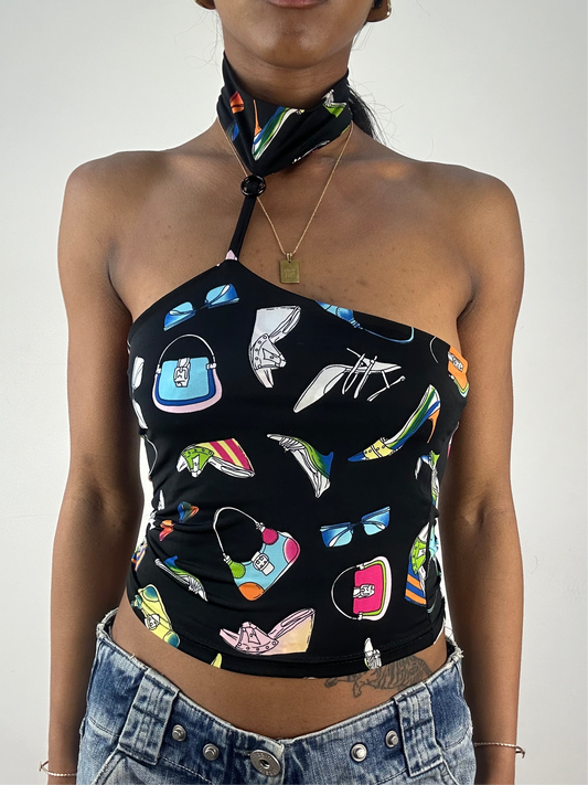 💚 vintage edit eighteen | extra small black halterneck top with shoe print