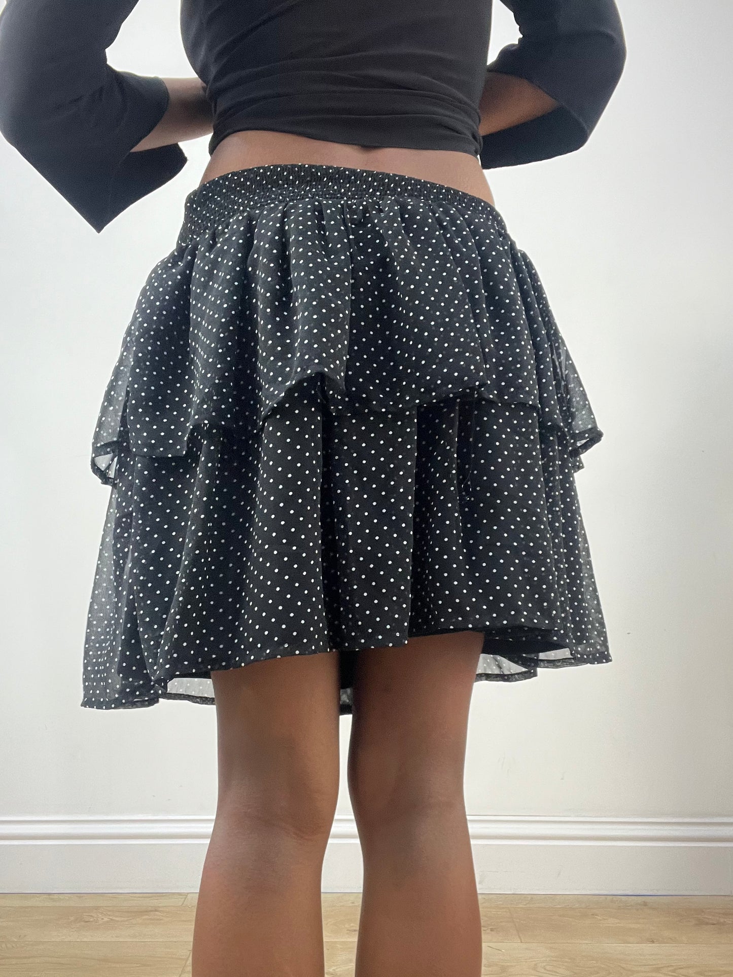 LFW edit | extra small black tiered mini skirt with polka dot print