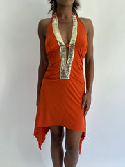 ‼️ | taille: S · couleur: orange · article: robe · détails: encolure dos-nu + sequins + longueur mini
