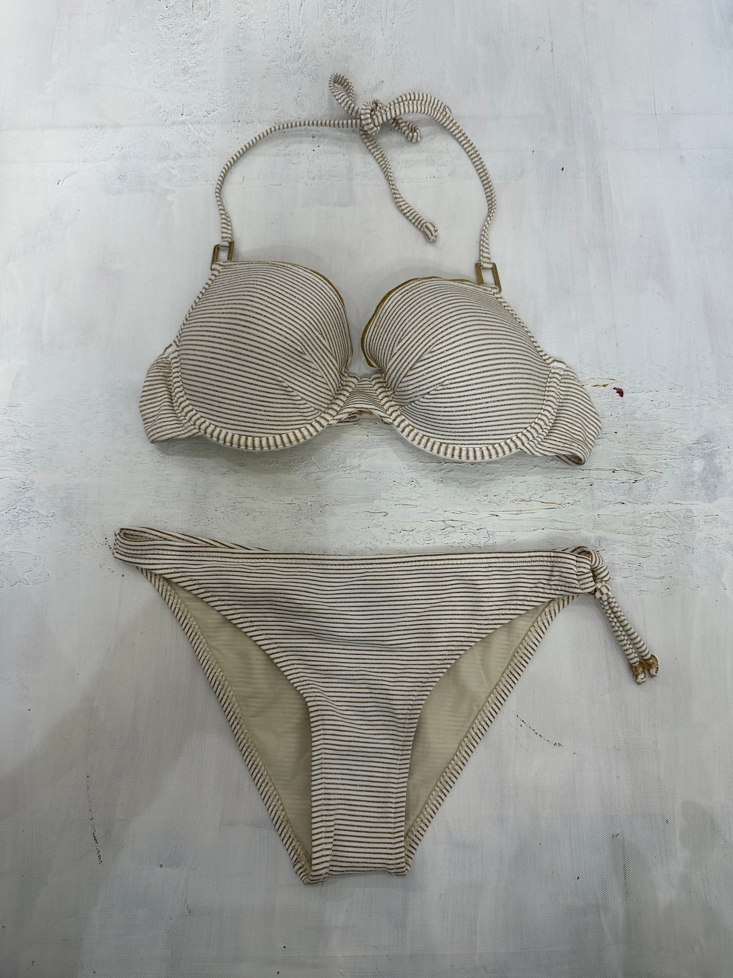 vintage edit twenty-one | medium white and gold glittery striped bikini set