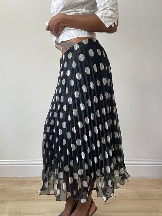 vintage edit twenty-seven | small black polka dot mesh overlay pleated maxi skirt