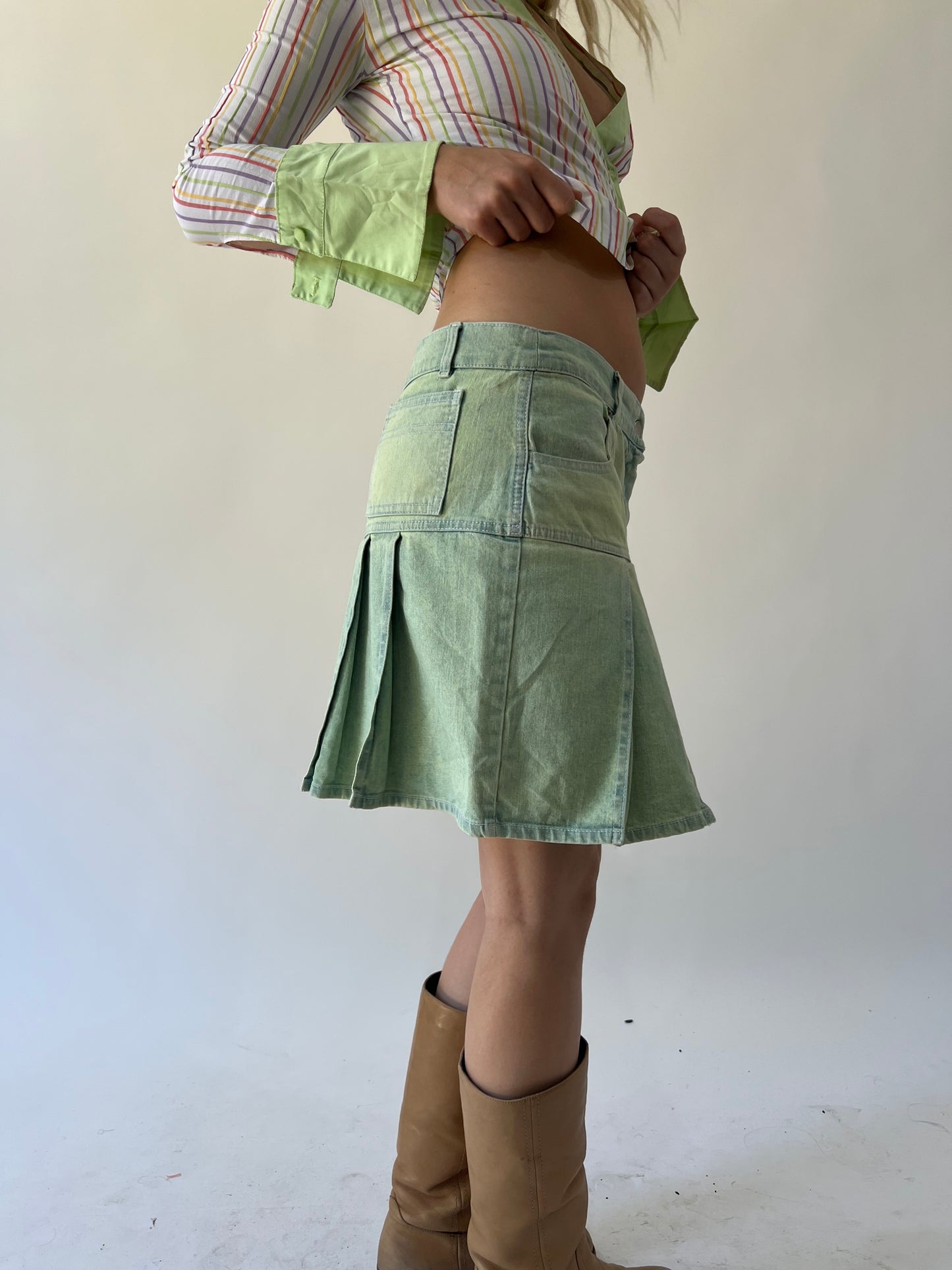 back to school drop | medium green/blue denim midi skirt