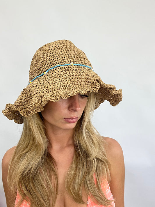 COACHELLA DROP | beige woven sun hat with blue bead detail