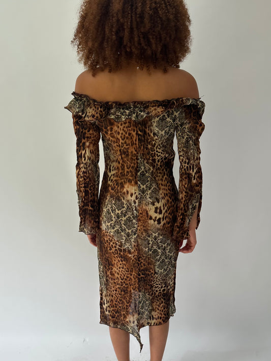 festival drop | medium brown leopard print ruffle midi dress