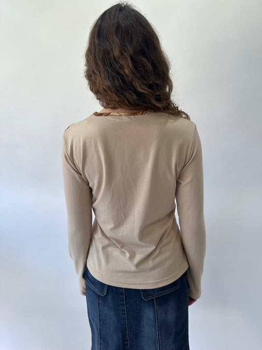 western edit | medium beige lace up long sleeve top