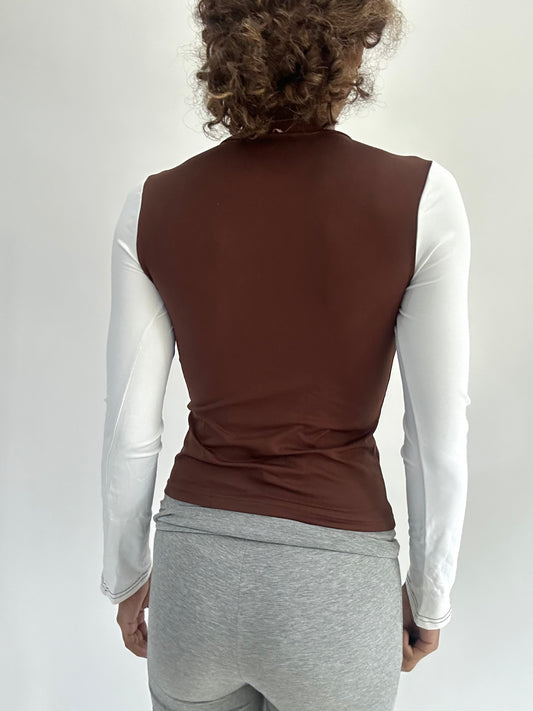 ‼️ | small white long sleeve top with brown vest overlay detail