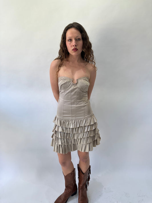 western edit | small beige ruffle skirt mini dress