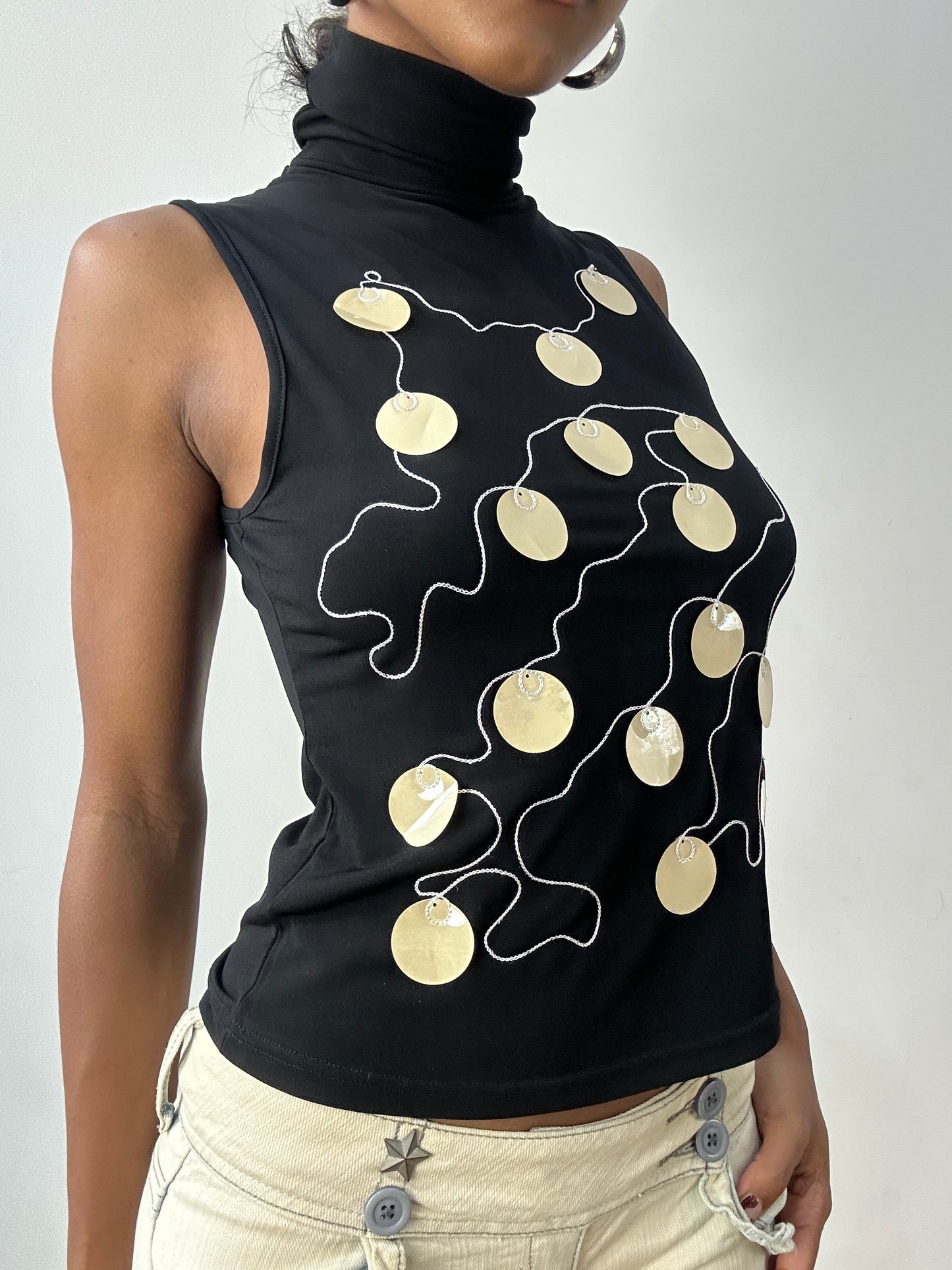 midsummer edit | small black sleeveless turtleneck with oversized sequin detail