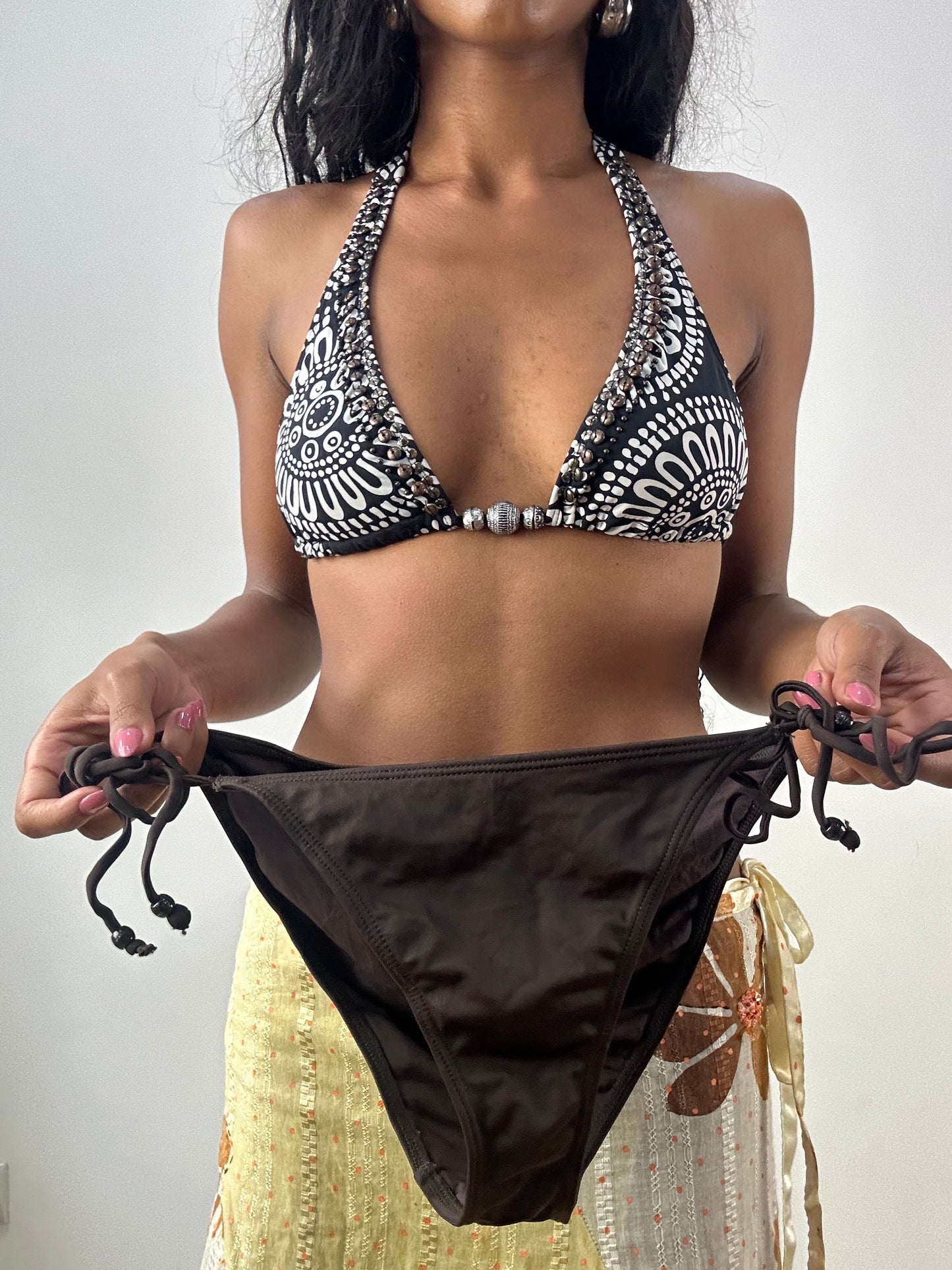 vintage edit: festival | small brown and white patterned bikini set