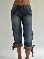 euro trash | medium blue denim capris with tie cuffs
