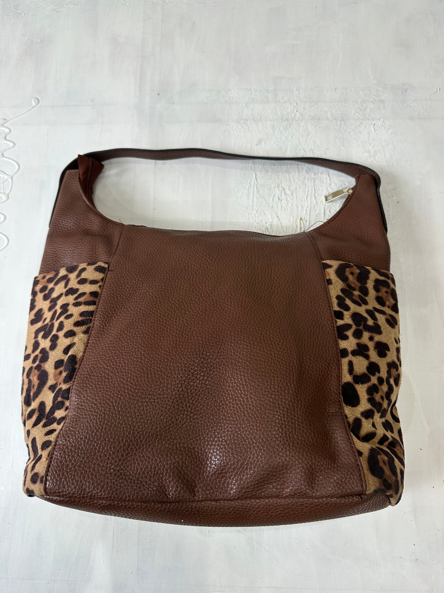 vintage edit thirty-three | brown faux leather shoulder bag with leopard print panels