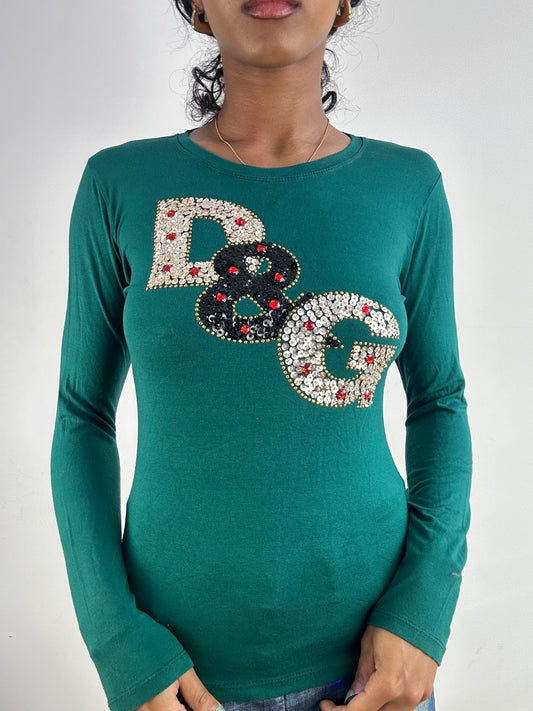vintage edit: tops | small green d&g style logo long sleeve top