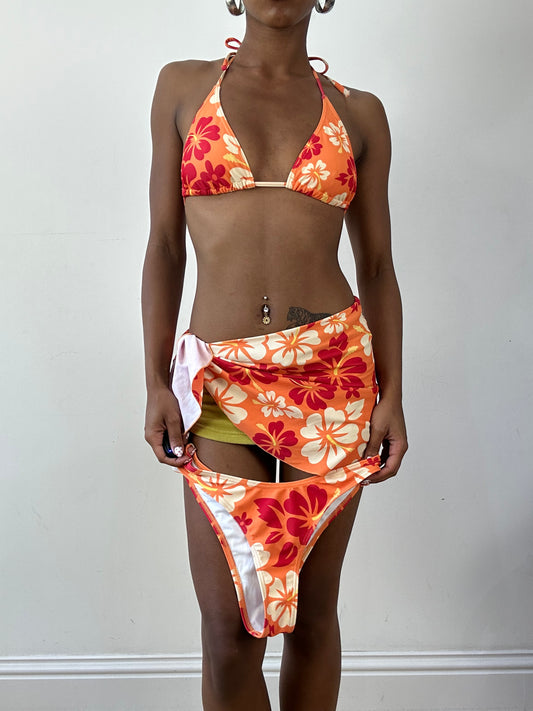 vintage edit twenty-seven | small orange hibiscus print bikini set with matching beach skirt