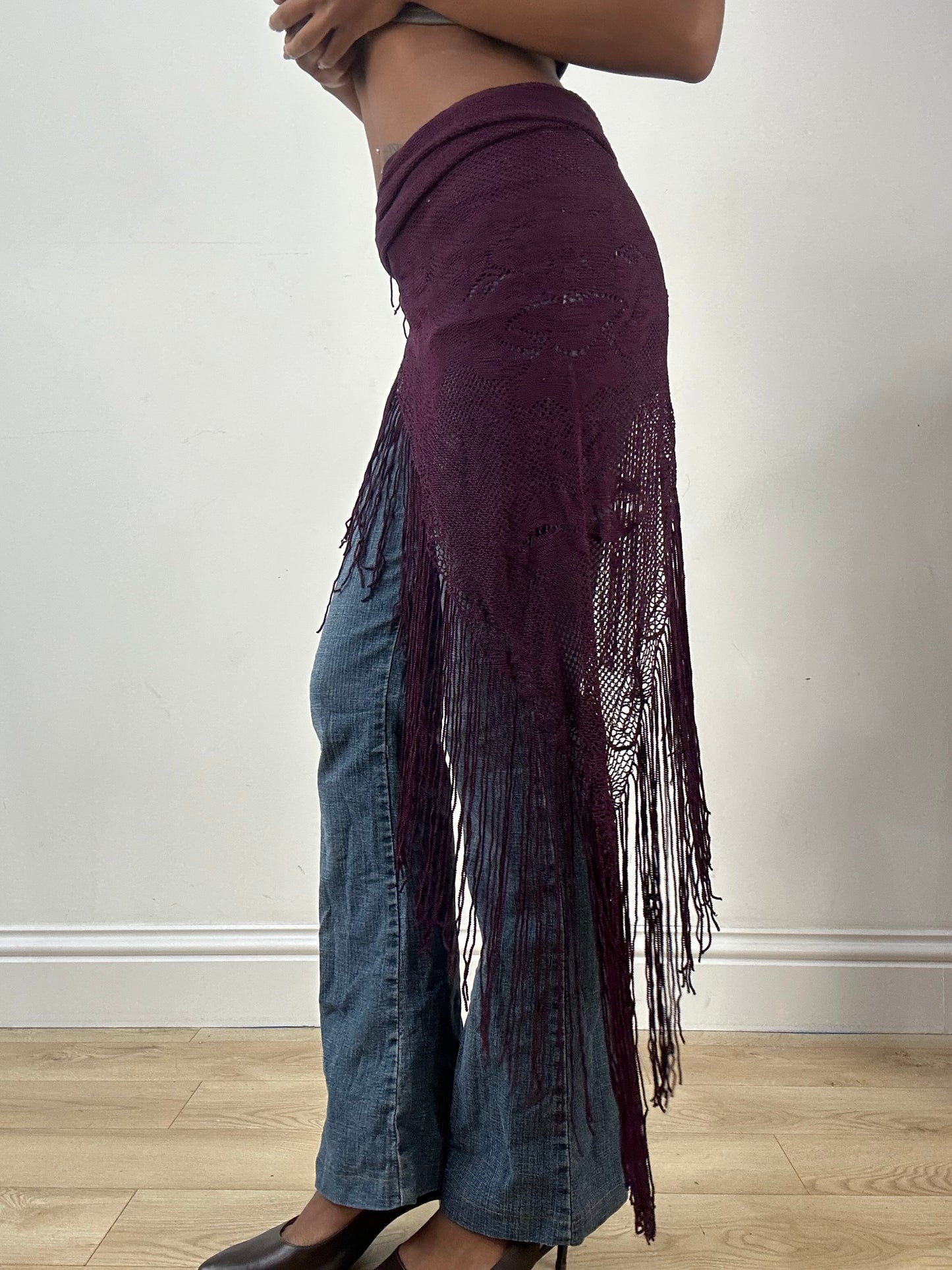 LFW edit | purple floral sheer scarf with tassel details