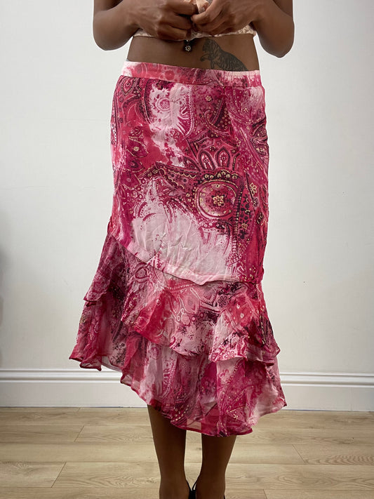 vintage edit: halloween | small pink asymmetric midi skirt with ruffle hem