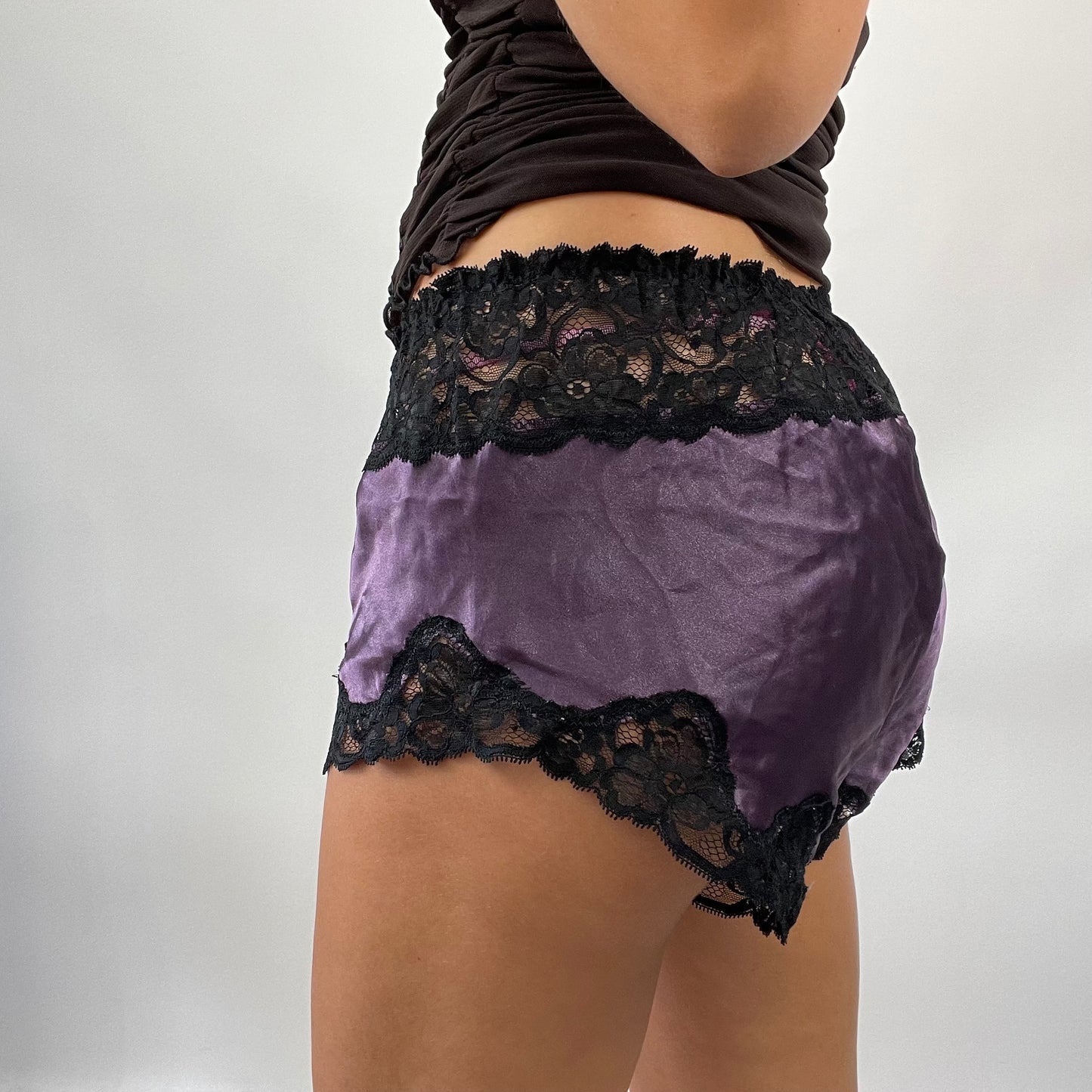 GRUNGE COQUETTE DROP | small purple satin shorts with lace trim