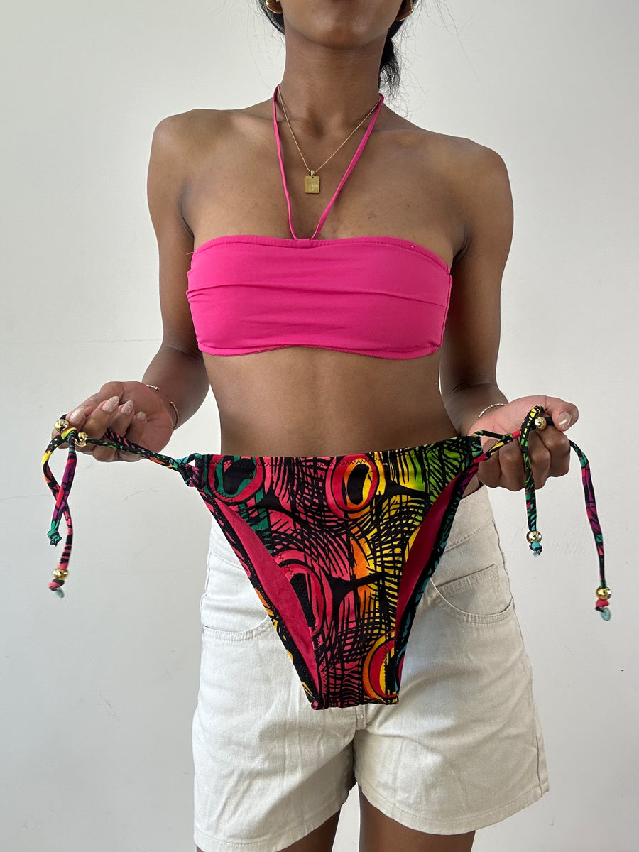💻💚Vintage editar veintiuno | juego de bikinis de cuello tensado de banda rosa pequeño