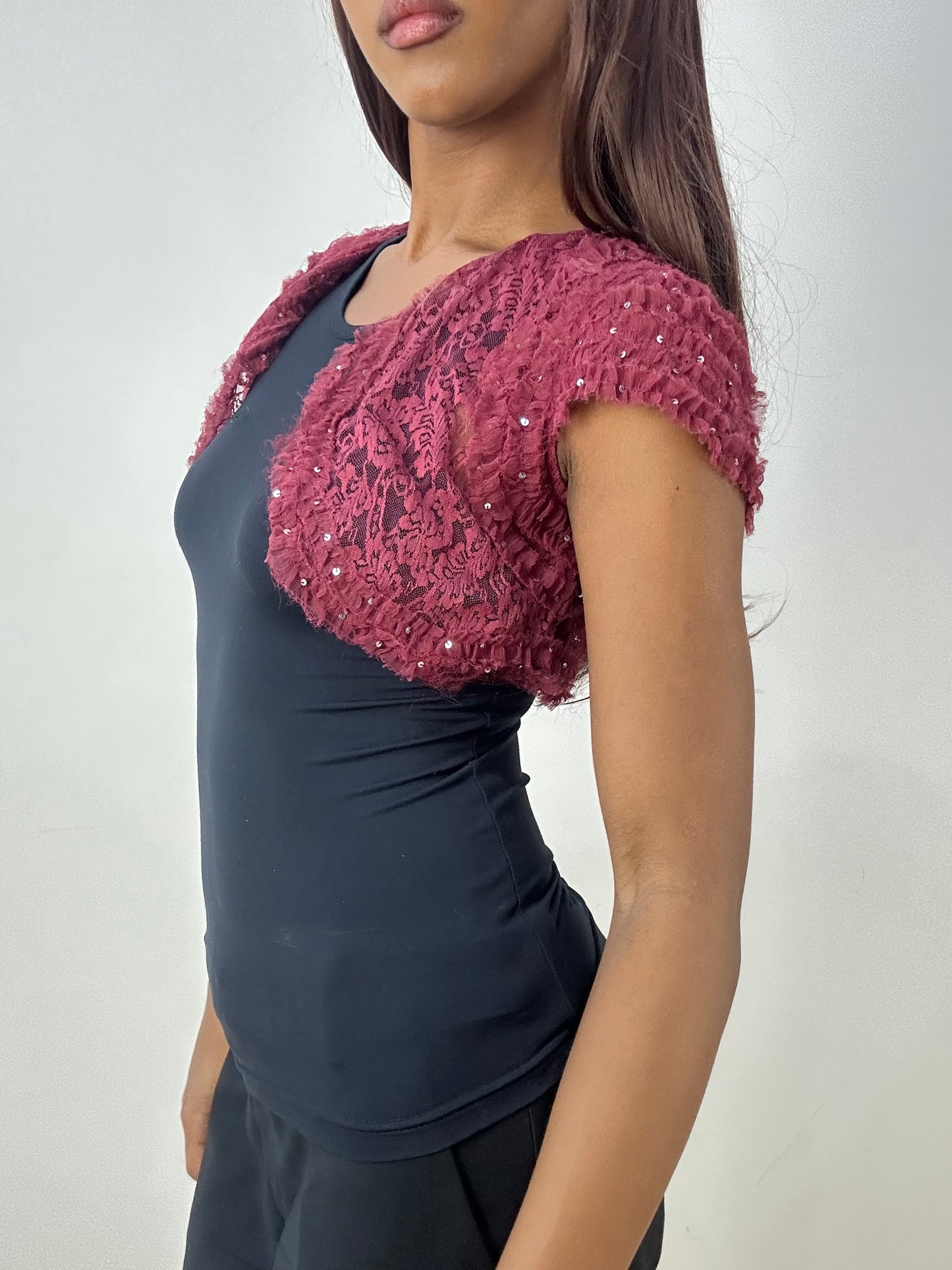 vintage edit thirty-three | small pink lace bolero with ruffle details