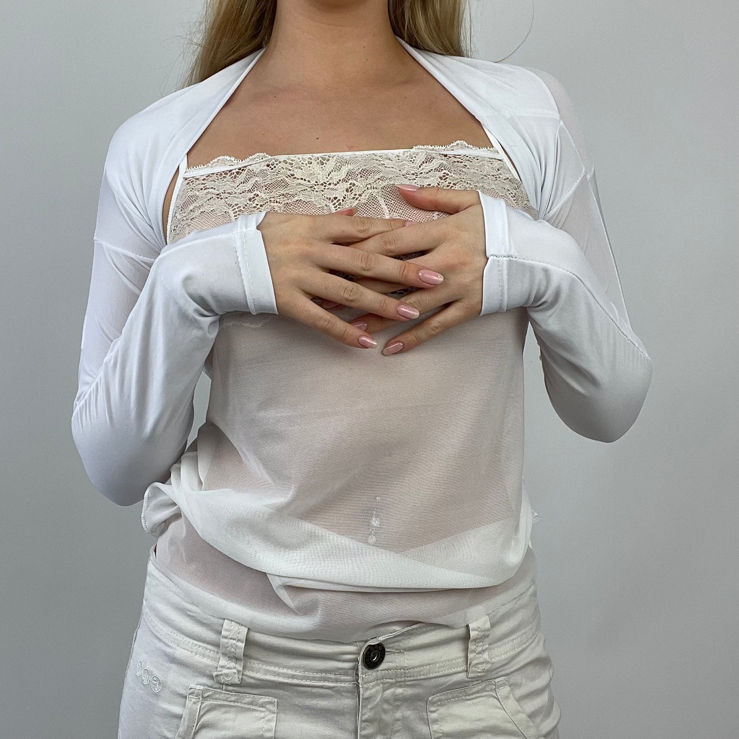 ETHEREAL GIRL DROP | small white stretchy bolero cardigan