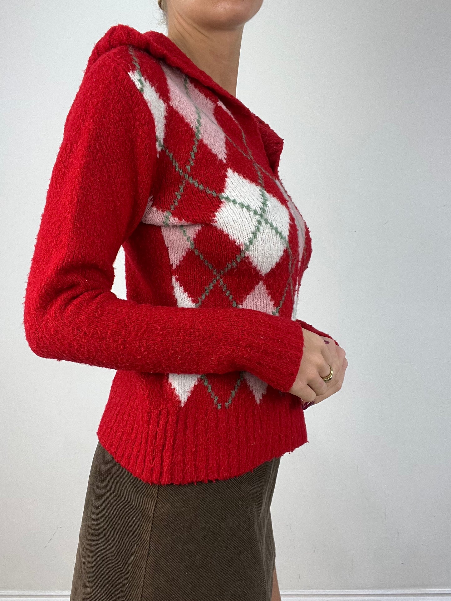 vintage edit twelve | small red pink and white argyle print hooded jumper
