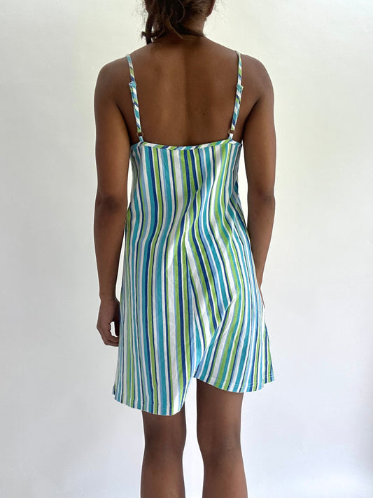 zara larsson drop | small green blue striped mini dress