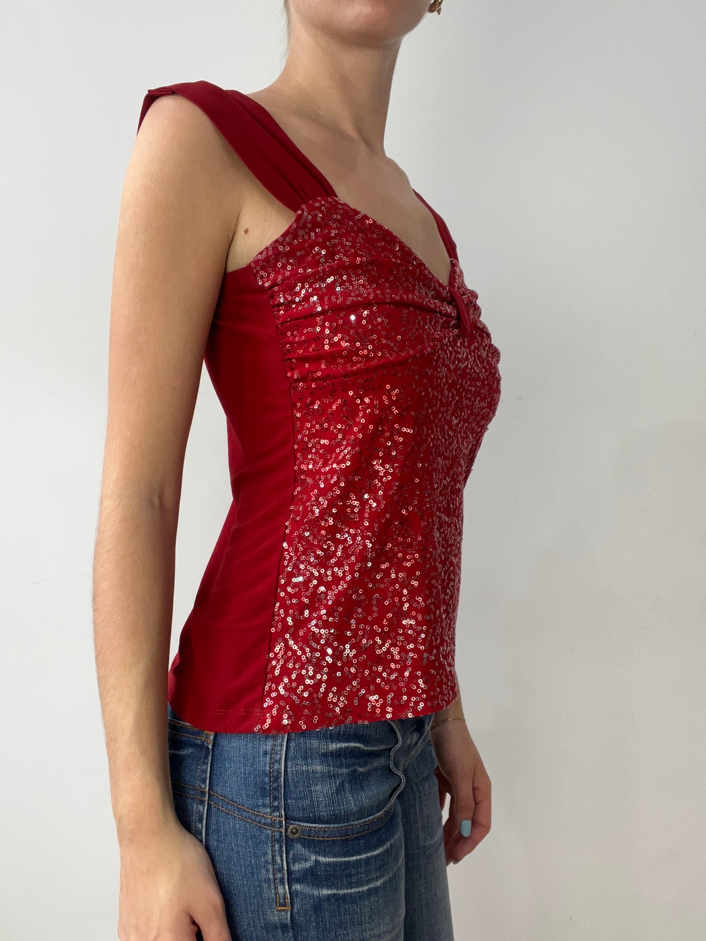 vintage edit thirty | small red sequin vest with ruched bust detail