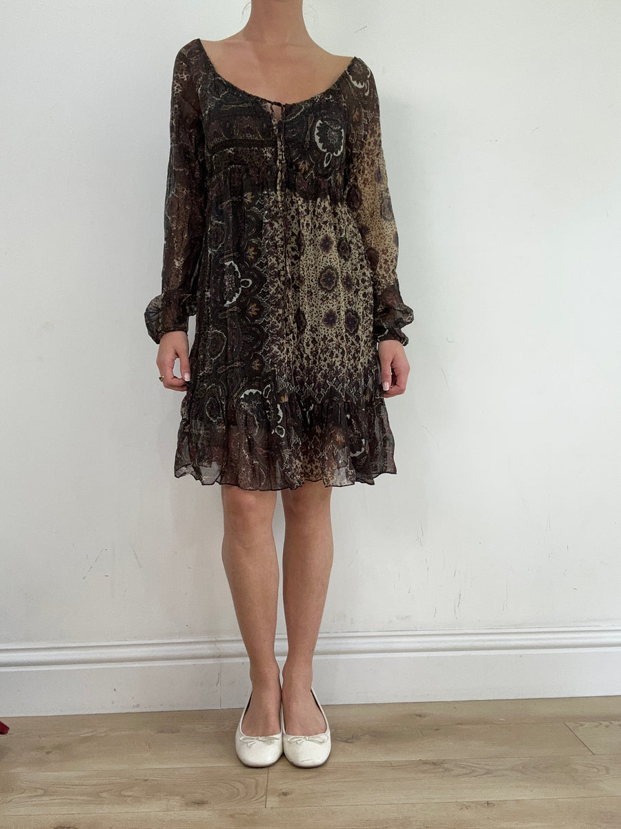 💚 miley cyrus edit | small brown long sleeve dress with paisley mesh overlay