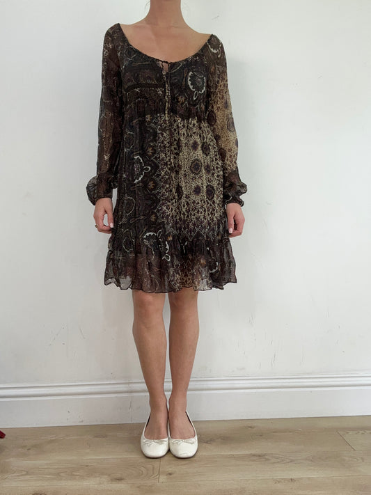 💚 miley cyrus edit | small brown long sleeve dress with paisley mesh overlay