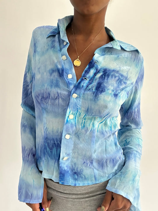 ‼️ | small blue button up tie dye style long sleeve shirt