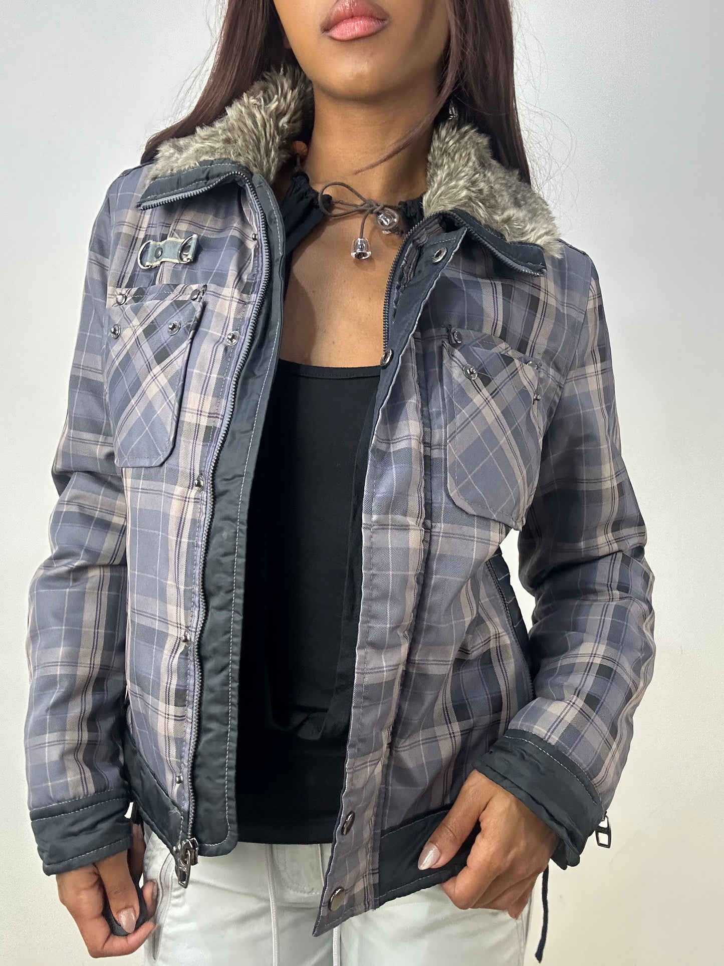 vintage edit thirty-three | small grey jacket with plaid print and faux fur collar