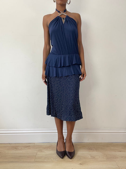 vintage edit twenty-seven | small navy blue polka dot midi skirt with 3d floral detail