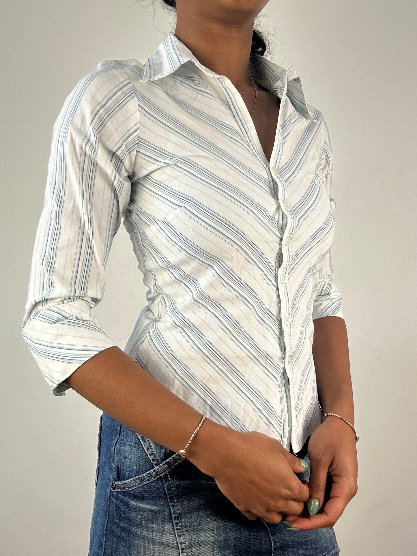 vintage edit: tops | small white and blue striped shirt with 3/4 length sleeves