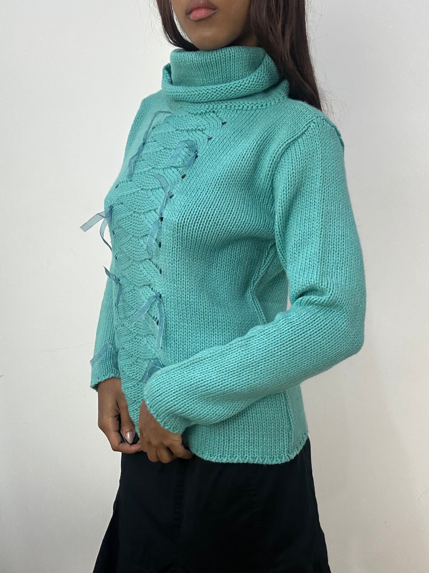 BEST PICKS | medium teal blue knit turtleneck jumper with ribbon details